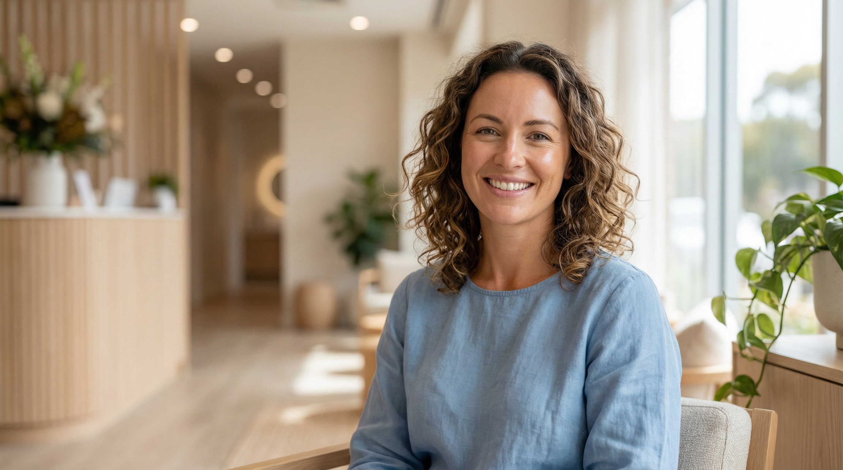 Woman without implants smiling in a welcoming clinic environment